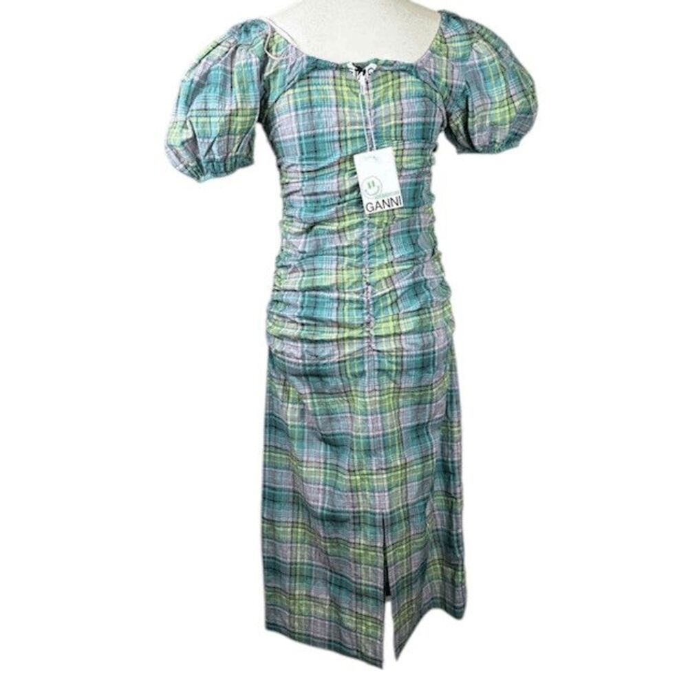 NWT GANNI Checked Seersucker Midi Dress in Lagoon Green Purple Size Small (36) - Picture 8 of 16